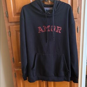 Denim & Flower Black Hoodie with Red 'AMOR' Design